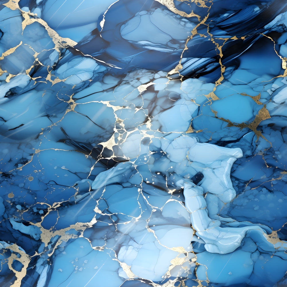 Abstract design of swirling blue and white patterns with gold veining, resembling marble or agate.