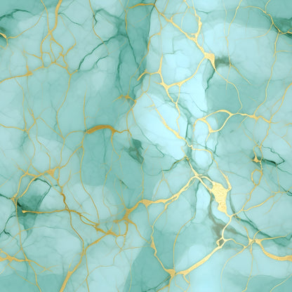 Abstract design with teal and gold marble-like pattern, featuring irregular, fluid shapes and gold veining.