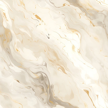 A white and gold marble pattern with swirling, fluid lines and accents of gray throughout.