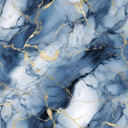 Abstract design featuring swirling patterns of blue and white resembling marble, accented with gold veining.