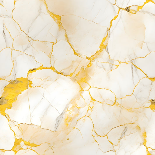 White and gold marble texture with irregular cracks and veining.