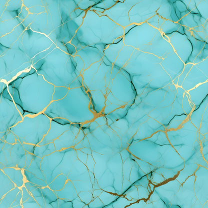 Turquoise marble texture with gold veins creates an abstract, luxurious pattern.