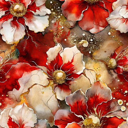 Crimson Blooms And Ivory Pattern 2 Quilting Cotton Fabric