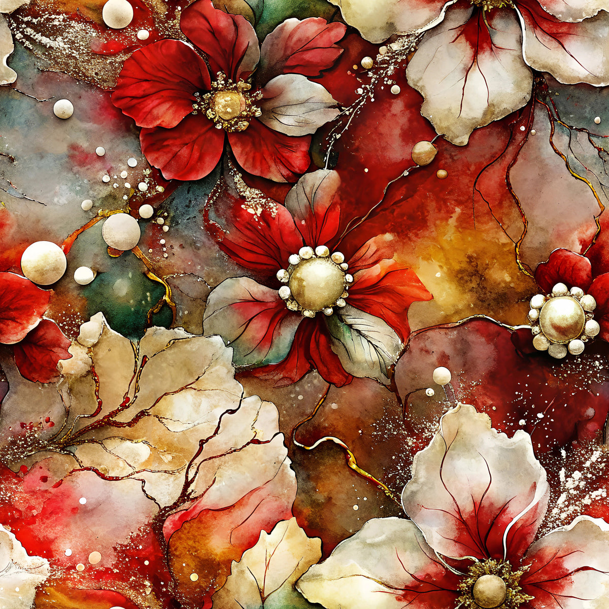 Crimson Blooms And Ivory Pattern 9 Quilting Cotton Fabric