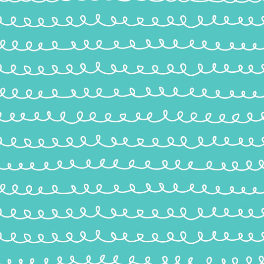 turquoise, teal, white, hand-drawn loops, curvy lines, abstract doodles, whimsical pattern, continuous spirals, flowing design, quilting cotton, fabric panel, playful style, repetitive motif, wavy borders, decorative swirls, modern pattern, craft fabric, sewing material