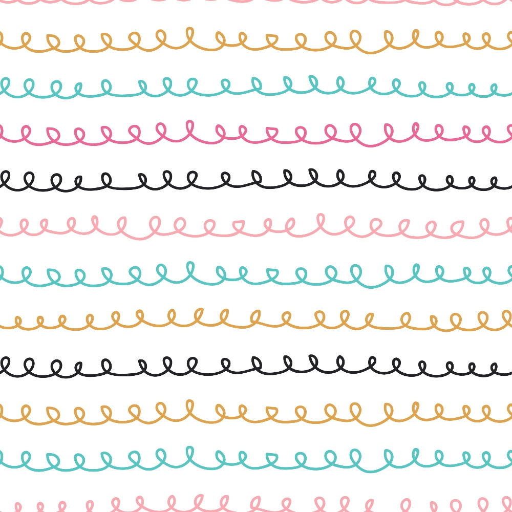 Colorful wavy lines in teal, pink, black, and mustard are arranged horizontally on a white background, each line featuring a looped pattern.