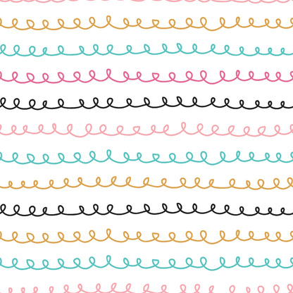 Colorful wavy lines in teal, pink, black, and mustard are arranged horizontally on a white background, each line featuring a looped pattern.