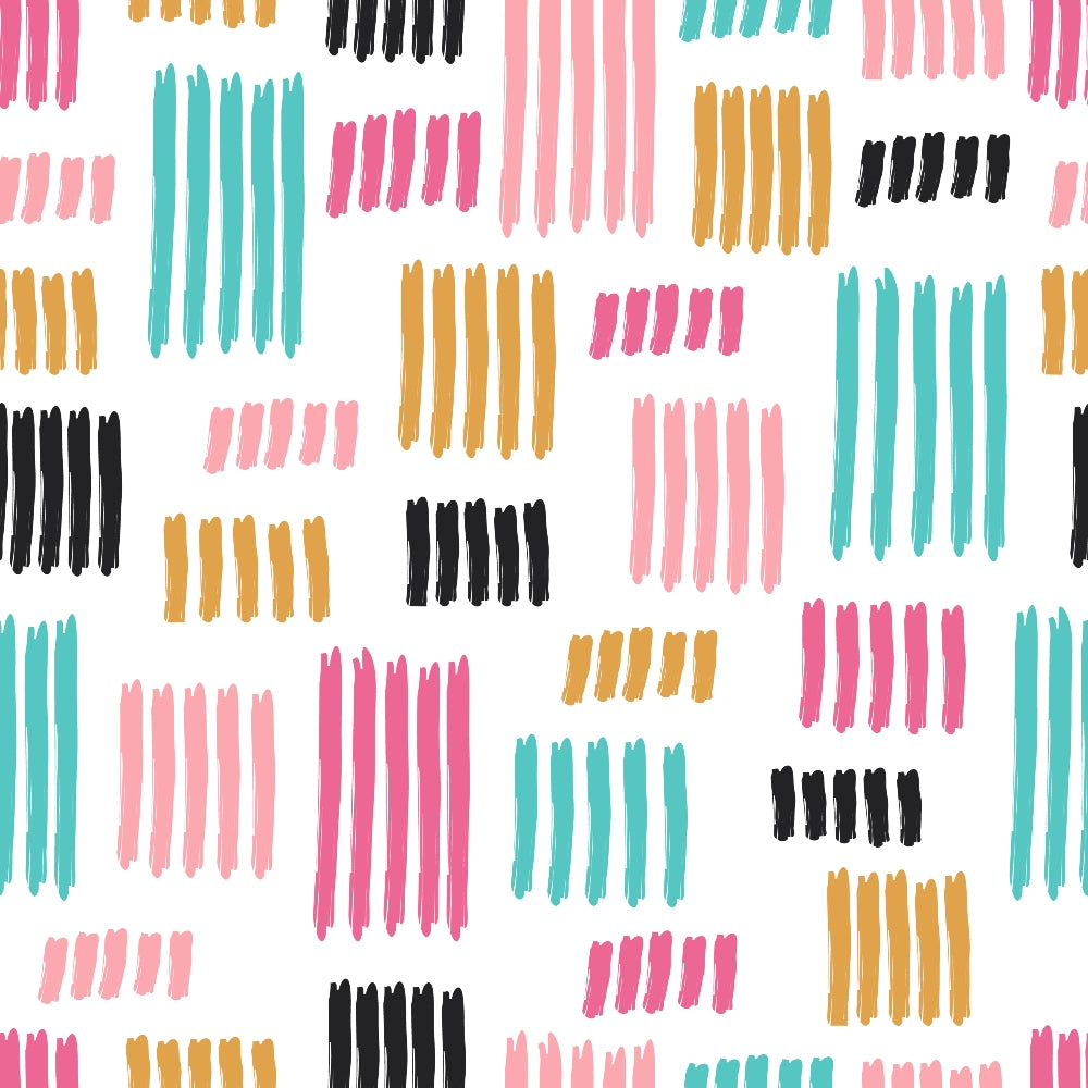 Abstract pattern with vertical brush strokes in pink, teal, mustard yellow, and black on a white background.