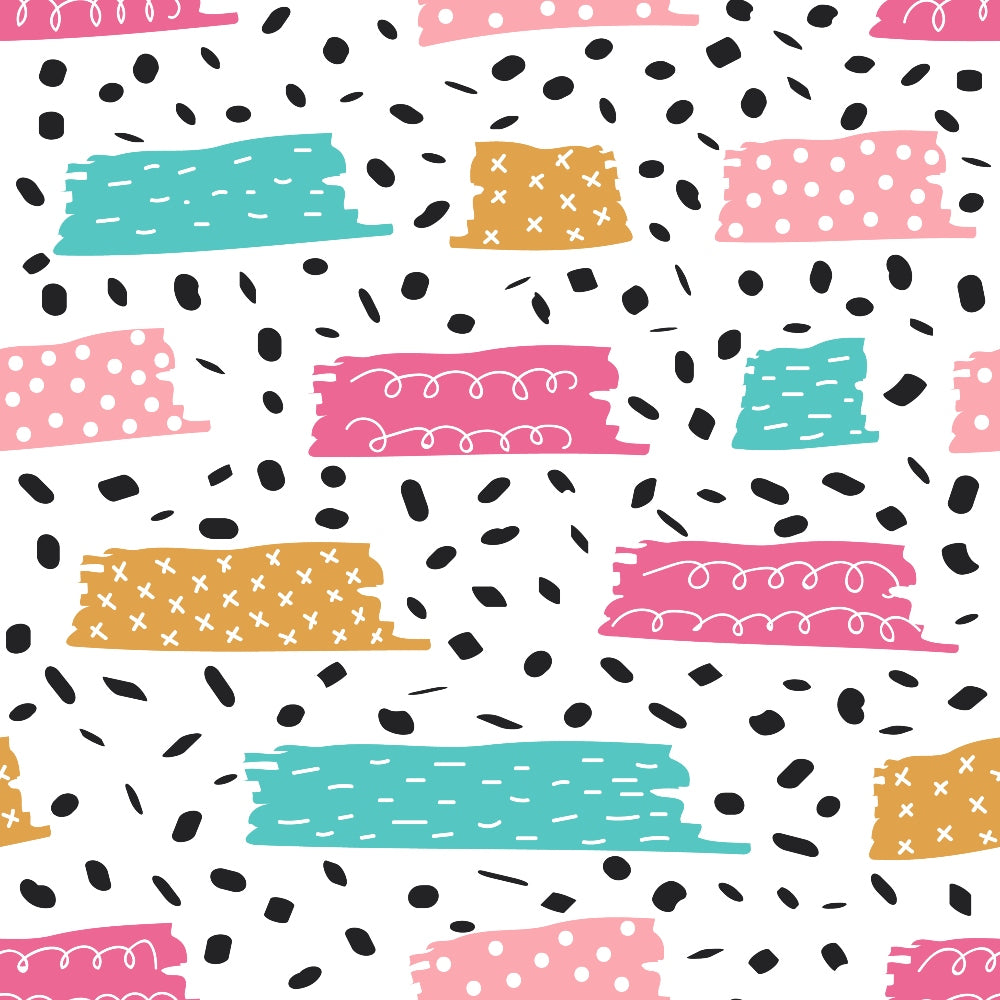 Abstract pattern with teal, pink, and yellow brush strokes, white doodles, and black irregular dots on a white background.