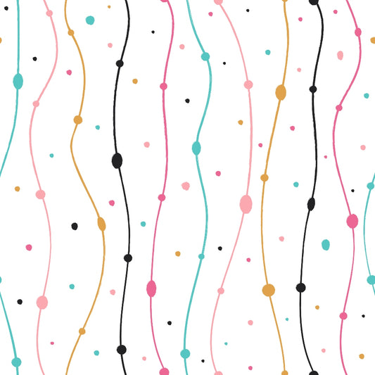 teal, pink, orange, black, wavy lines, dots, circles, abstract pattern, modern design, geometric, playful, contemporary, quilting cotton, fabric panel, colorful stripes, minimalist, artistic, curved lines, scattered dots, whimsical