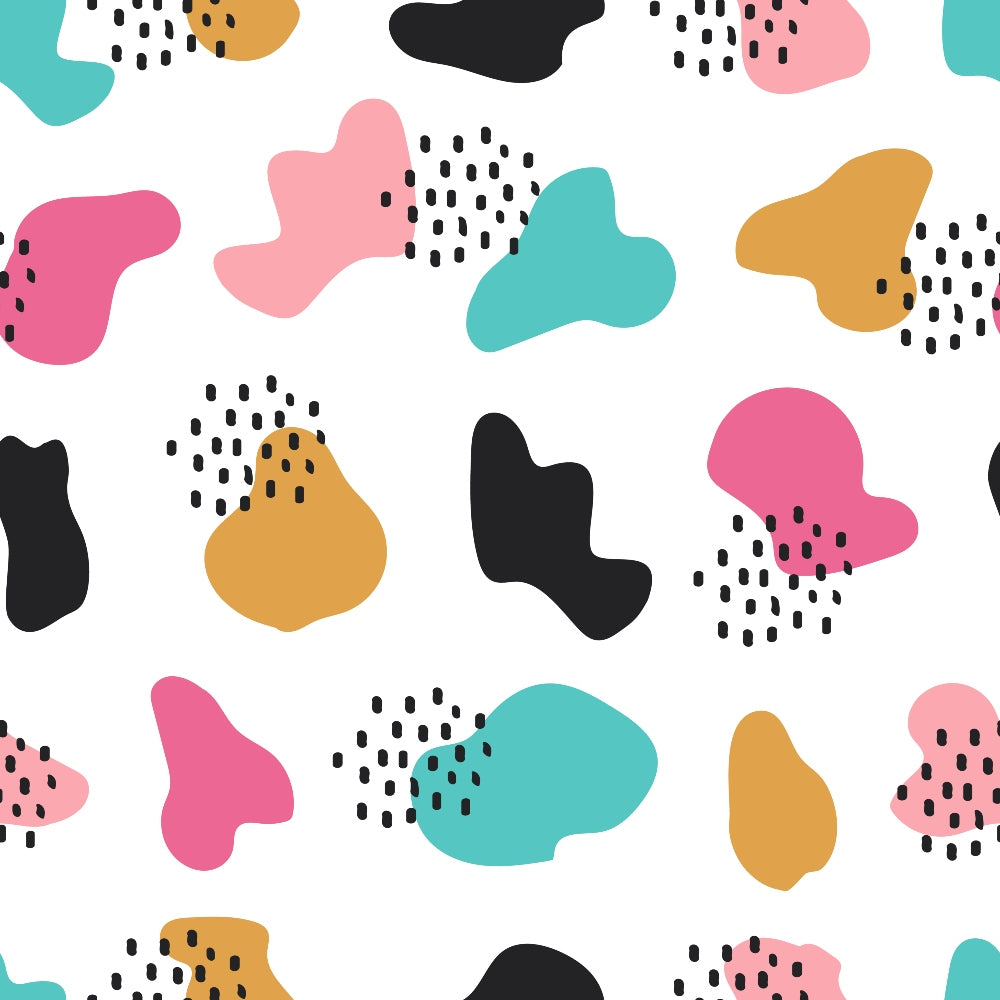 Abstract pattern with irregular shapes in pink, teal, mustard, and black, on a white background, featuring scattered black dot accents.