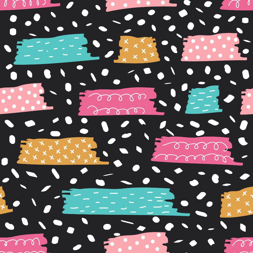 Abstract pattern with teal, pink, and mustard brush strokes on a black background. White dots and shapes are scattered throughout.