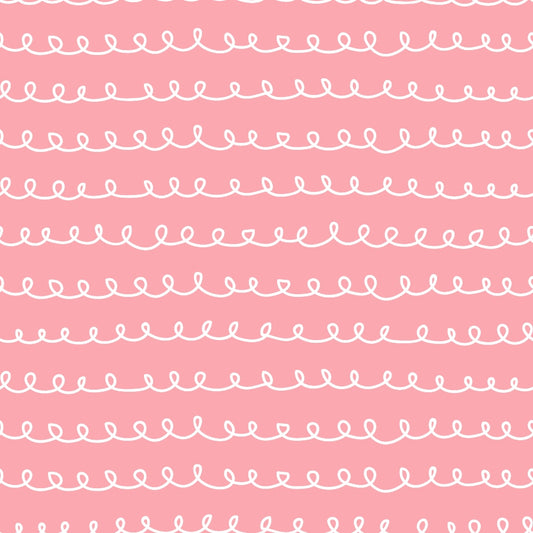 Pink background with horizontal white curly lines in a repetitive pattern.