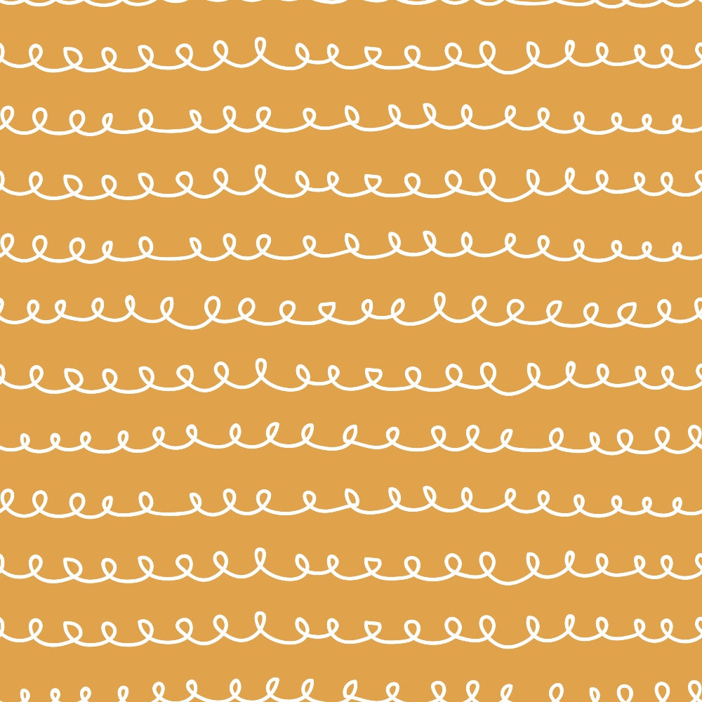 orange background, white loops, curly lines, continuous pattern, abstract doodles, hand drawn style, whimsical design, repeating motifs, cotton fabric, quilting panel, craft material, warm colors, playful pattern, wavy lines, decorative swirls, geometric curves, modern abstract, fabric yardage