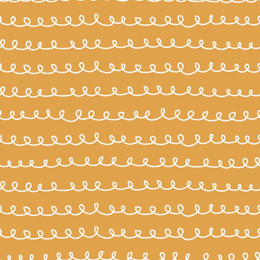 orange background, white loops, curly lines, continuous pattern, abstract doodles, hand drawn style, whimsical design, repeating motifs, cotton fabric, quilting panel, craft material, warm colors, playful pattern, wavy lines, decorative swirls, geometric curves, modern abstract, fabric yardage