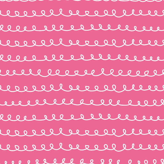 pink fabric, white loops, curly lines, spiral pattern, abstract doodles, continuous curves, whimsical design, quilting cotton, fabric panel, wavy lines, decorative swirls, repetitive pattern, flowing motifs, craft fabric, sewing material, looping design, playful curves, geometric loops