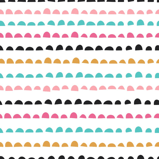 cute abstract doodles, scalloped borders, pink coral, teal turquoise, golden yellow, black, white background, geometric shapes, semicircle pattern, modern design, quilting cotton, fabric panel, playful style, colorful stripes, contemporary art, whimsical pattern, crafting material, sewing fabric