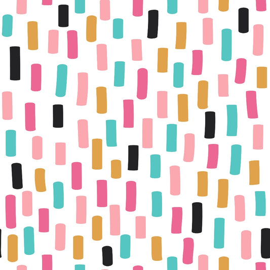 abstract pattern, geometric shapes, coral pink, teal blue, mustard yellow, black accents, light pink, modern design, contemporary art, scattered elements, quilting cotton, fabric panel, crafting material, minimalist style, playful mood, random placement, colorful palette, artistic doodles, creative pattern, cheerful design