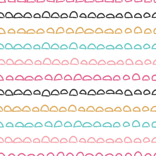 Pattern of wavy lines in black, pink, yellow, blue, and red on a white background.