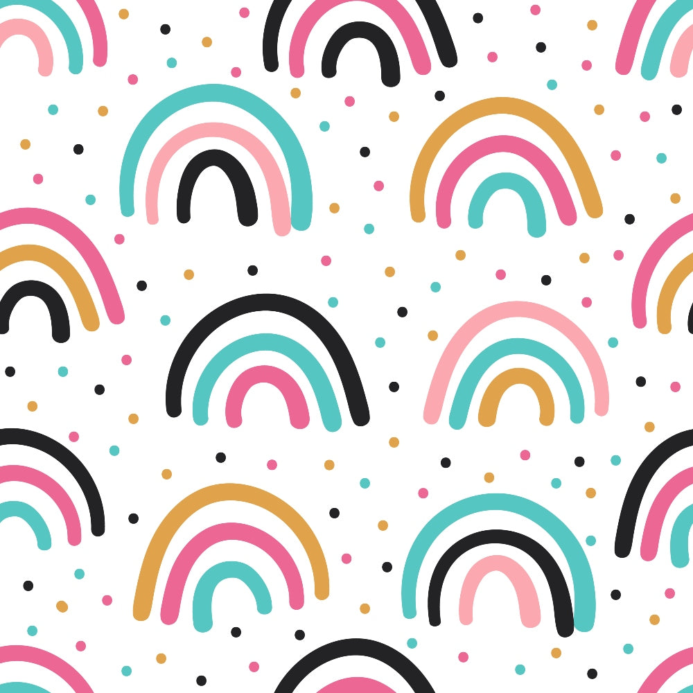 Pattern of multicolored rainbows and small dots on a white background. Rainbows include teal, pink, mustard yellow, and black arches interspersed with dots of matching colors.