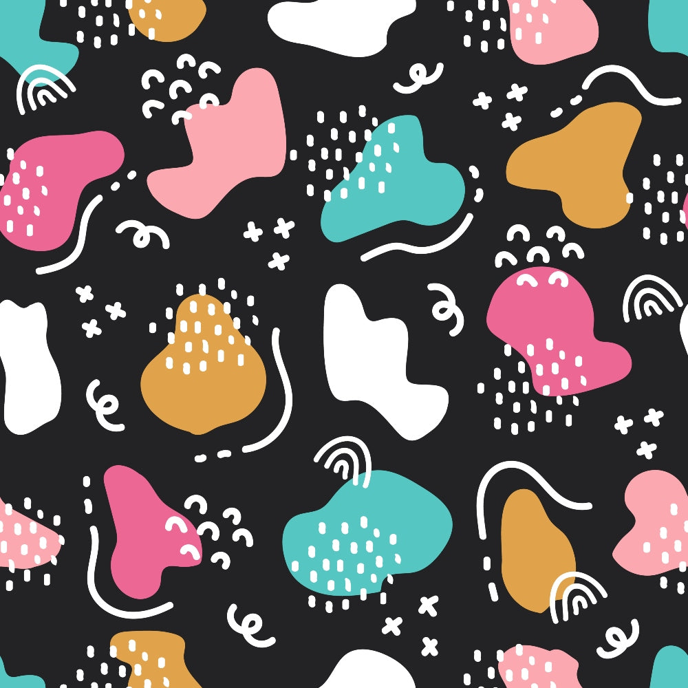 Abstract pattern with colorful blobs in pink, teal, mustard, and white on a black background, featuring dots, squiggles, and small rainbows.