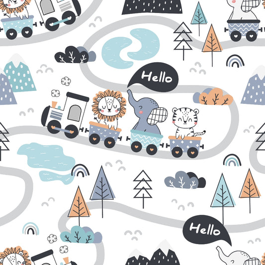 cute animals, train pattern, quilting cotton, fabric panel, lion, elephant, tiger, pastel colors, light blue, orange, gray, white, winding road, trees, rainbows, speech bubbles, whimsical illustration, children's fabric, nursery theme, cartoon style, playful design, soft colors