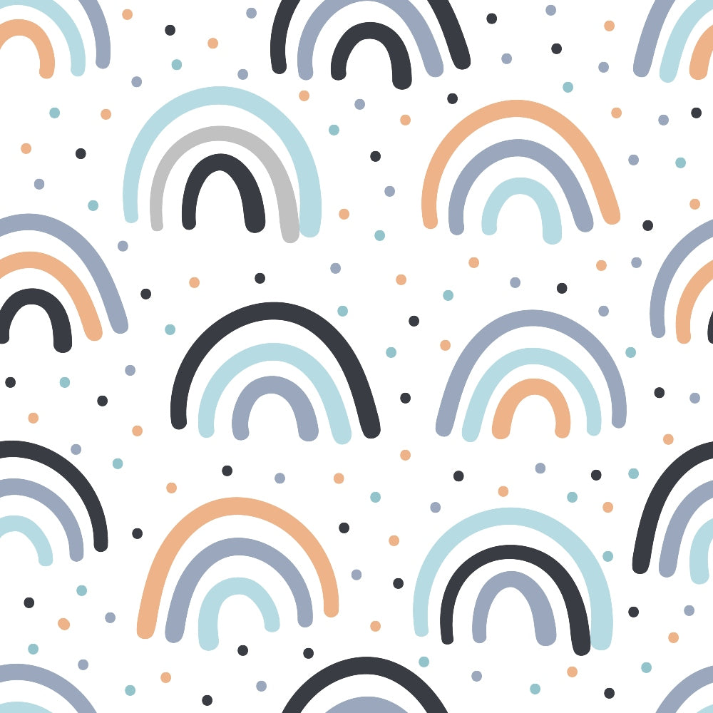rainbows, pastel colors, mint green, peach orange, slate gray, black, white background, geometric arcs, scattered dots, modern minimalist, whimsical pattern, nursery theme, quilting cotton, fabric panel, soft palette, contemporary design, baby decor, repetitive motif, muted tones
