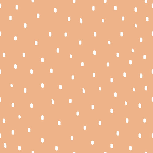 peach background, white polka dots, scattered dots, coral orange, salmon pink, pastel colors, geometric pattern, small dots, random placement, soft colors, quilting cotton, fabric panel, cheerful design, playful pattern, nursery fabric, baby quilt, dotted fabric, sweet design, light orange, whimsical dots