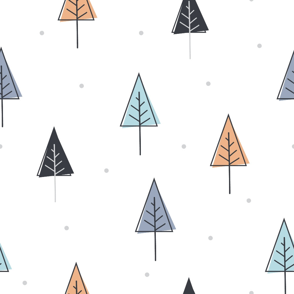 trees, forest, geometric trees, triangular shapes, orange, teal, navy blue, gray, white background, minimalist design, modern style, stylized trees, woodland theme, nature pattern, quilting cotton, fabric panel, scattered dots, clean lines, contemporary art, nordic style