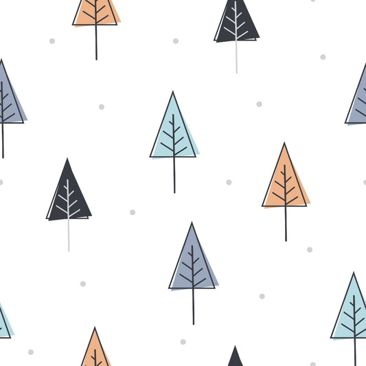 trees, forest, geometric trees, triangular shapes, orange, teal, navy blue, gray, white background, minimalist design, modern style, stylized trees, woodland theme, nature pattern, quilting cotton, fabric panel, scattered dots, clean lines, contemporary art, nordic style