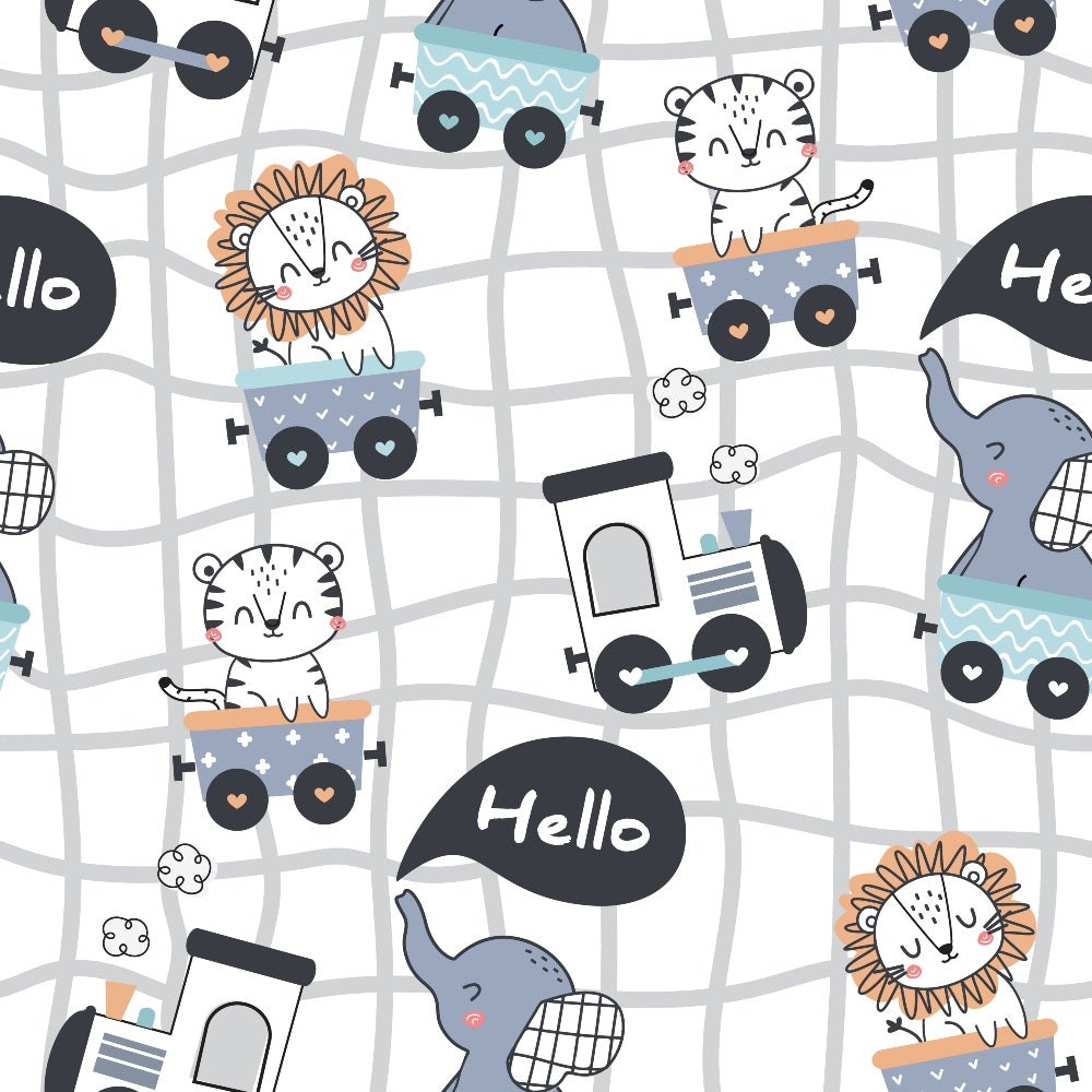 cute animals, train pattern, quilting cotton, fabric panel, kawaii style, pastel colors, white tiger, orange lion, gray elephant, toy trains, railway tracks, speech bubbles, whimsical design, nursery theme, children's fabric, cartoon animals, soft pastels, playful mood, baby fabric, animal characters