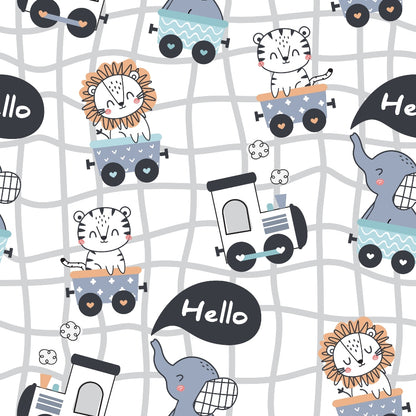 cute animals, train pattern, quilting cotton, fabric panel, kawaii style, pastel colors, white tiger, orange lion, gray elephant, toy trains, railway tracks, speech bubbles, whimsical design, nursery theme, children's fabric, cartoon animals, soft pastels, playful mood, baby fabric, animal characters
