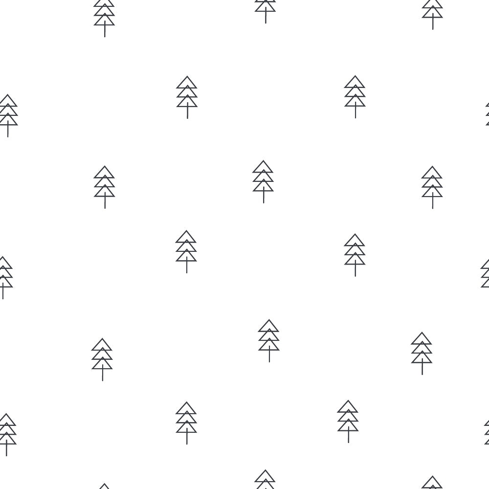 white background, black outline, geometric trees, minimalist design, scattered pattern, simple triangles, monochrome, line art, modern style, quilting cotton, fabric panel, clean design, repetitive motif, contemporary pattern, crafting material, sewing fabric, pine trees, forest theme