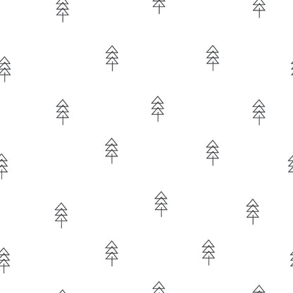 white background, black outline, geometric trees, minimalist design, scattered pattern, simple triangles, monochrome, line art, modern style, quilting cotton, fabric panel, clean design, repetitive motif, contemporary pattern, crafting material, sewing fabric, pine trees, forest theme