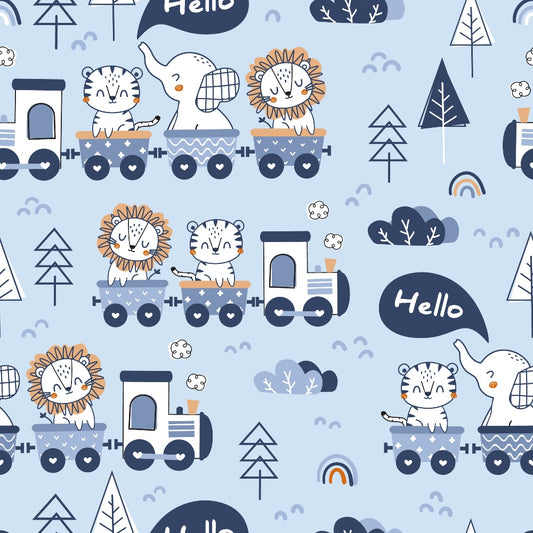 light blue, navy blue, orange, white, cute animals, train pattern, lion, tiger, elephant, cartoon style, children's fabric, baby fabric, quilting cotton, repeating pattern, whimsical design, nursery theme, playful animals, geometric trees, speech bubbles, rainbow accents, clouds, kawaii style, pastel colors