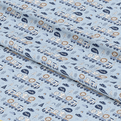 - Cute Animal Train Pattern 15 Quilting Cotton Fabric - light blue background - navy, white, brown colors - whimsical animals - lions, sheep, birds - trains, clouds, trees - playful, charming, cozy - quilting cotton yardage - soft, durable fabric - sewing, crafting material