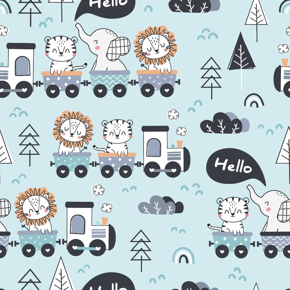 light blue, pale blue, train pattern, cute animals, lion, tiger, elephant, cartoon style, children's fabric, baby fabric, quilting cotton, fabric panel, whimsical design, nursery theme, playful pattern, soft colors, geometric trees, speech bubbles, seamless repeat, kawaii style
