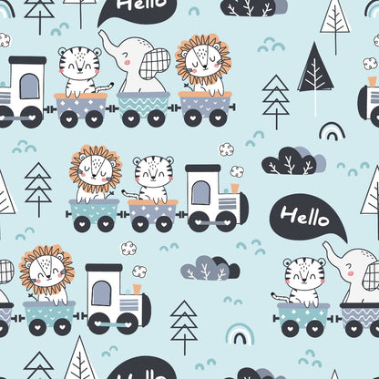 light blue, pale blue, train pattern, cute animals, lion, tiger, elephant, cartoon style, children's fabric, baby fabric, quilting cotton, fabric panel, whimsical design, nursery theme, playful pattern, soft colors, geometric trees, speech bubbles, seamless repeat, kawaii style