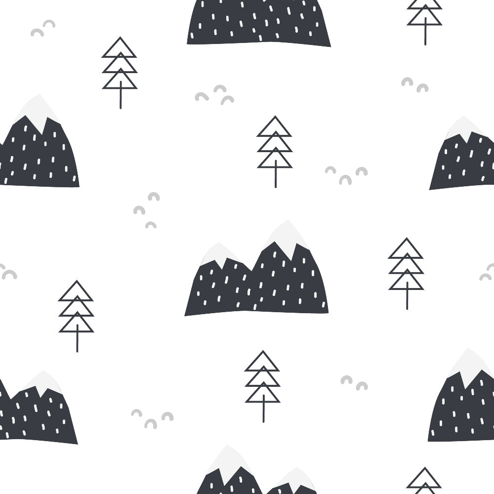 mountains, trees, geometric pattern, black and white, monochrome, minimalist design, nature scene, alpine landscape, evergreen trees, quilting cotton, fabric panel, modern style, scandinavian aesthetic, forest motif, mountain peaks, triangular shapes, clean lines, contemporary pattern, nursery fabric, outdoor theme