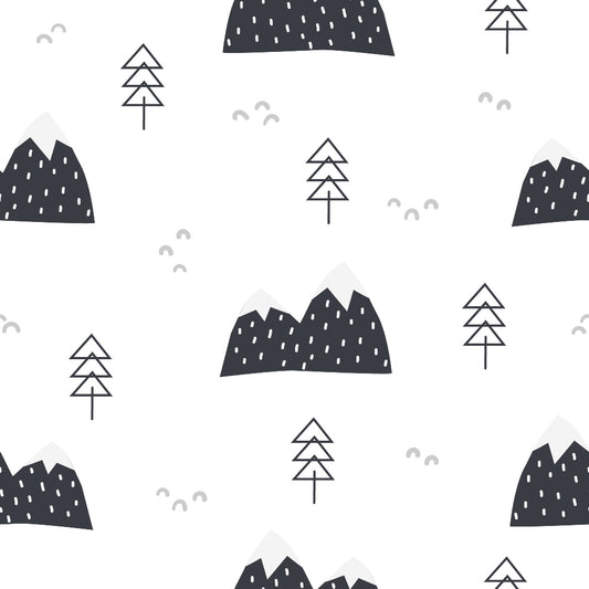 mountains, trees, geometric pattern, black and white, monochrome, minimalist design, nature scene, alpine landscape, evergreen trees, quilting cotton, fabric panel, modern style, scandinavian aesthetic, forest motif, mountain peaks, triangular shapes, clean lines, contemporary pattern, nursery fabric, outdoor theme
