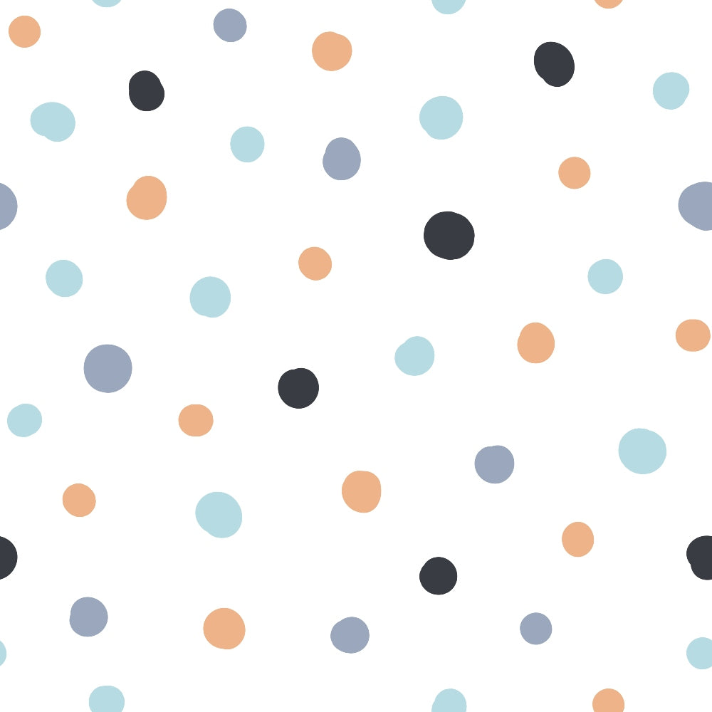 polka dots, scattered circles, light blue, peach orange, charcoal gray, slate blue, white background, geometric pattern, modern design, quilting cotton, fabric panel, contemporary style, minimalist, nursery fabric, craft material, sewing supplies, random placement, soft colors, muted tones