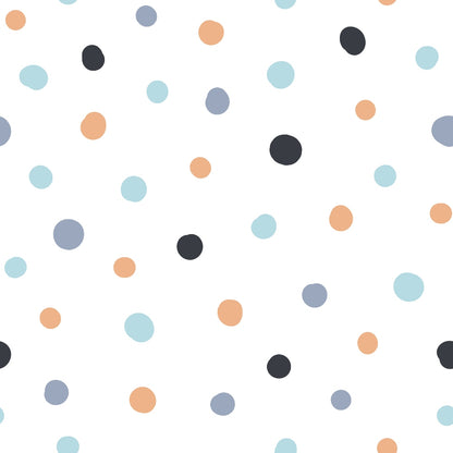 polka dots, scattered circles, light blue, peach orange, charcoal gray, slate blue, white background, geometric pattern, modern design, quilting cotton, fabric panel, contemporary style, minimalist, nursery fabric, craft material, sewing supplies, random placement, soft colors, muted tones