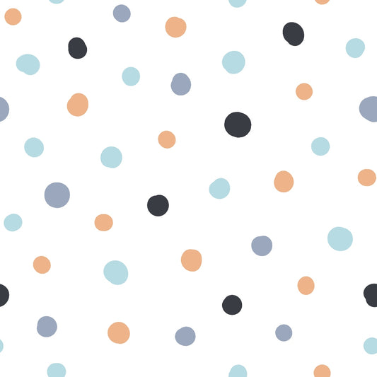 polka dots, scattered circles, light blue, peach orange, charcoal gray, slate blue, white background, geometric pattern, modern design, quilting cotton, fabric panel, contemporary style, minimalist, nursery fabric, craft material, sewing supplies, random placement, soft colors, muted tones