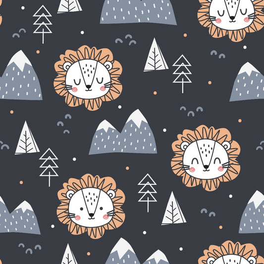 cute lions, orange manes, white faces, dark gray background, mountains, triangular trees, geometric patterns, sleepy eyes, rosy cheeks, quilting cotton, fabric panel, whimsical style, nursery design, kawaii animals, scattered dots, minimalist trees, children's fabric, soft pastels, repeating motifs