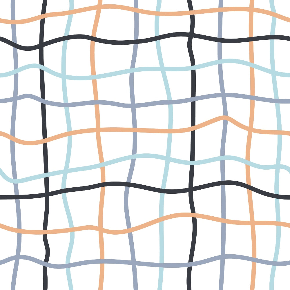 wavy lines, curved stripes, geometric pattern, coral orange, soft blue, charcoal black, light gray, intersecting lines, quilting cotton, fabric panel, modern abstract, flowing design, contemporary pattern, undulating grid, pastel colors, textile design, crafting material, sewing fabric, organic shapes