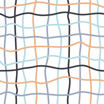 wavy lines, curved stripes, geometric pattern, coral orange, soft blue, charcoal black, light gray, intersecting lines, quilting cotton, fabric panel, modern abstract, flowing design, contemporary pattern, undulating grid, pastel colors, textile design, crafting material, sewing fabric, organic shapes