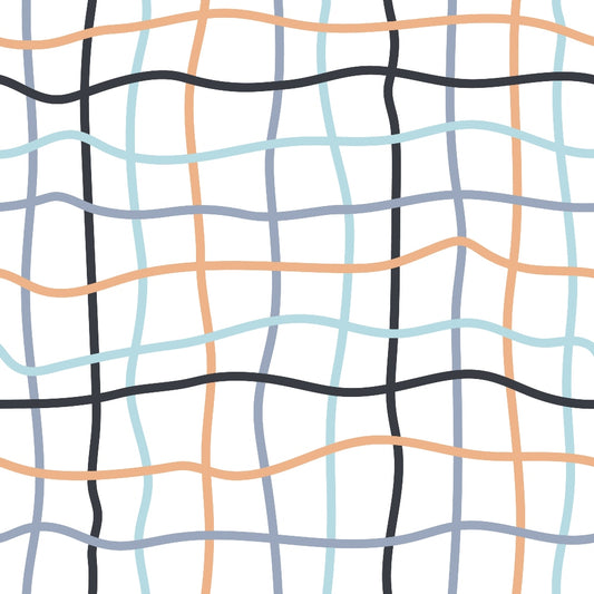 wavy lines, curved stripes, geometric pattern, coral orange, soft blue, charcoal black, light gray, intersecting lines, quilting cotton, fabric panel, modern abstract, flowing design, contemporary pattern, undulating grid, pastel colors, textile design, crafting material, sewing fabric, organic shapes