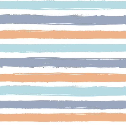 coral orange, sage green, dusty blue, white background, horizontal stripes, watercolor effect, soft brushstrokes, painted stripes, quilting cotton, fabric panel, pastel colors, gentle hues, artistic stripes, cotton fabric, muted tones, layered design, organic edges, contemporary style