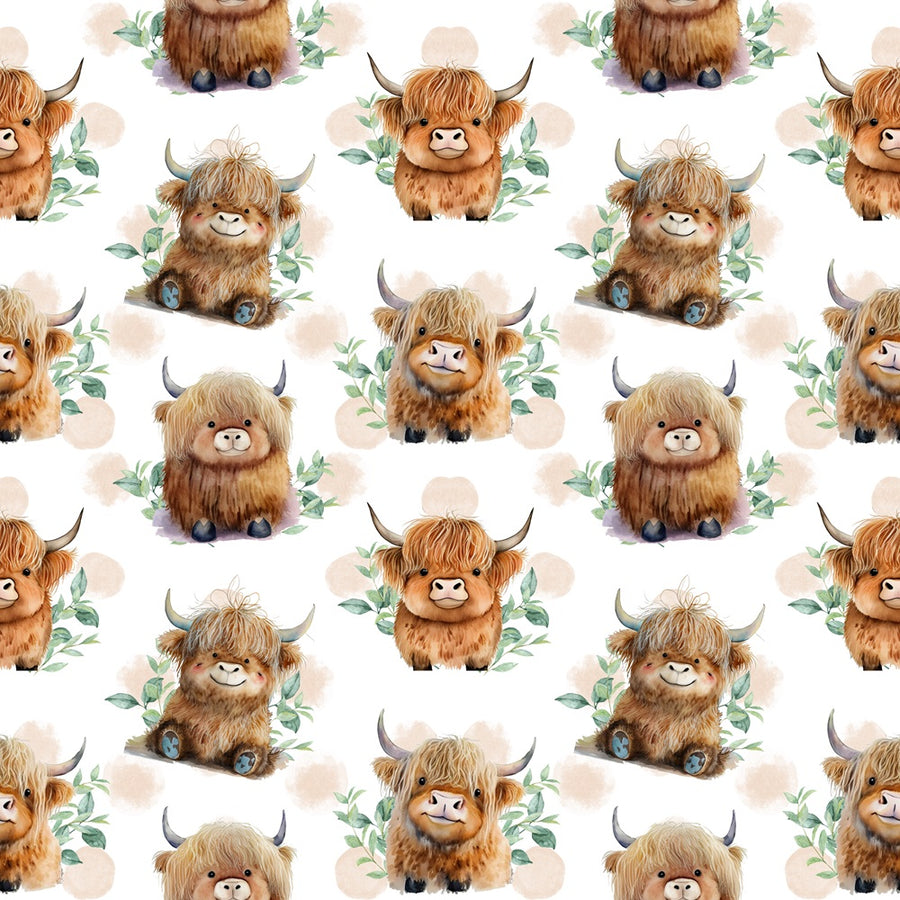 cute baby animals, highland cattle, brown fur, blonde hair, curved horns, green leaves, botanical elements, peach blobs, watercolor style, repeating pattern, quilting cotton, fabric panel, adorable characters, soft pastels, whimsical illustration, nursery theme, farm animals, fluffy texture, seamless design, children's fabric