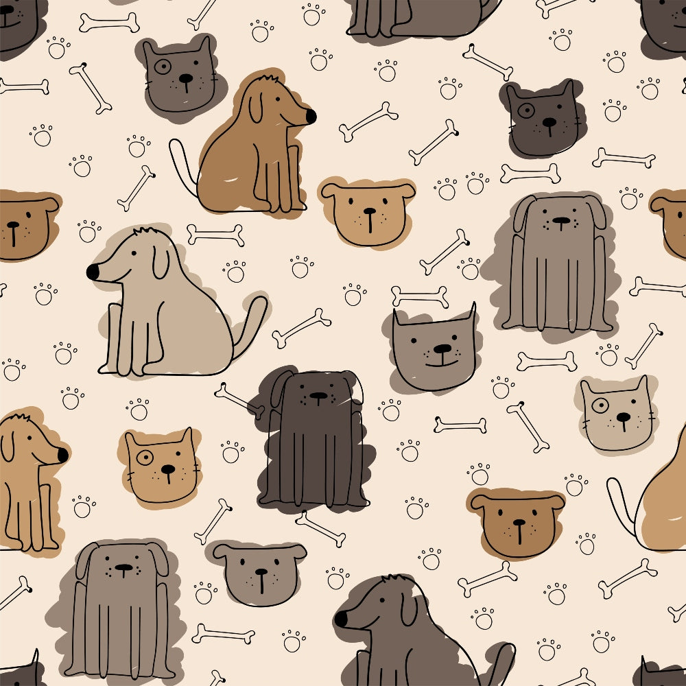 Pattern of doodle-style dogs, dog heads, bones, and paw prints on a beige background.